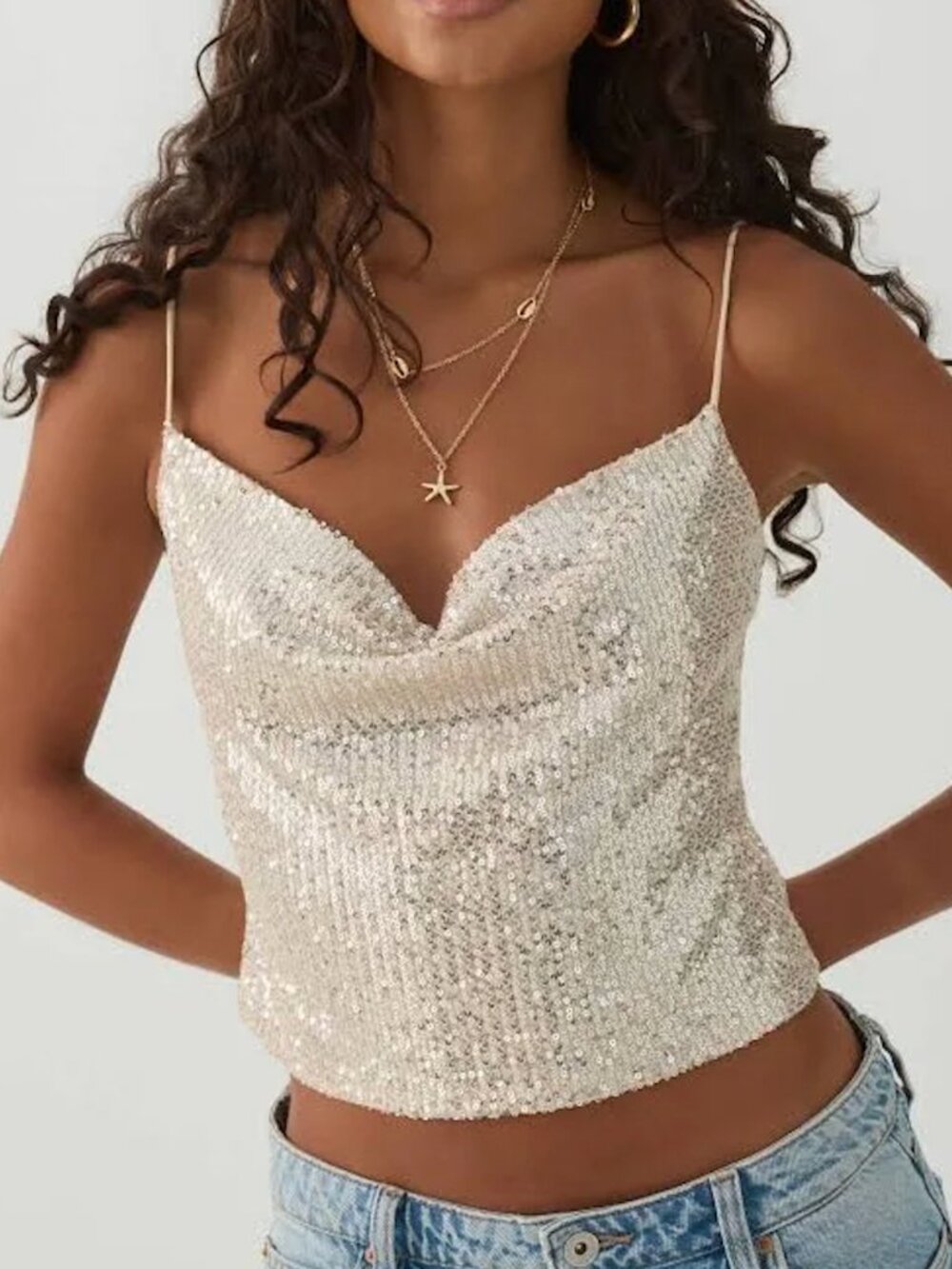 Ardene Silver Sequin Cowl Neck Cami Tank Top XL Party Holiday Sparkle